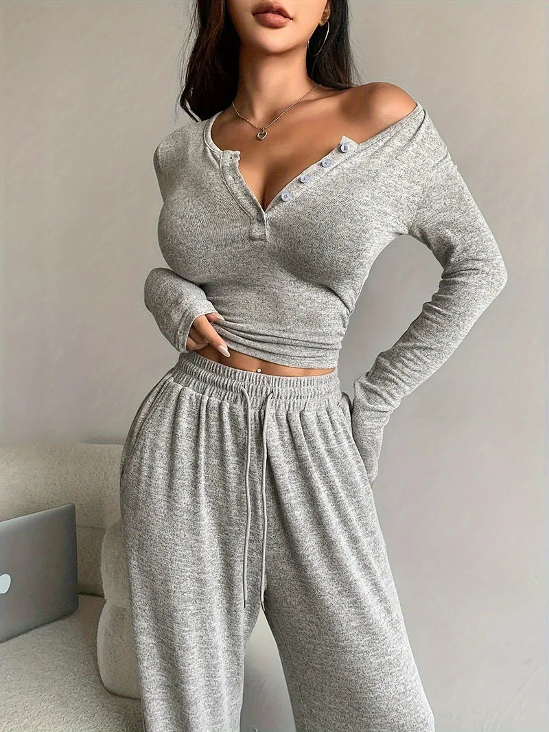 Women Two Piece Sets Sexy V-neck Long Sleeve Shirts