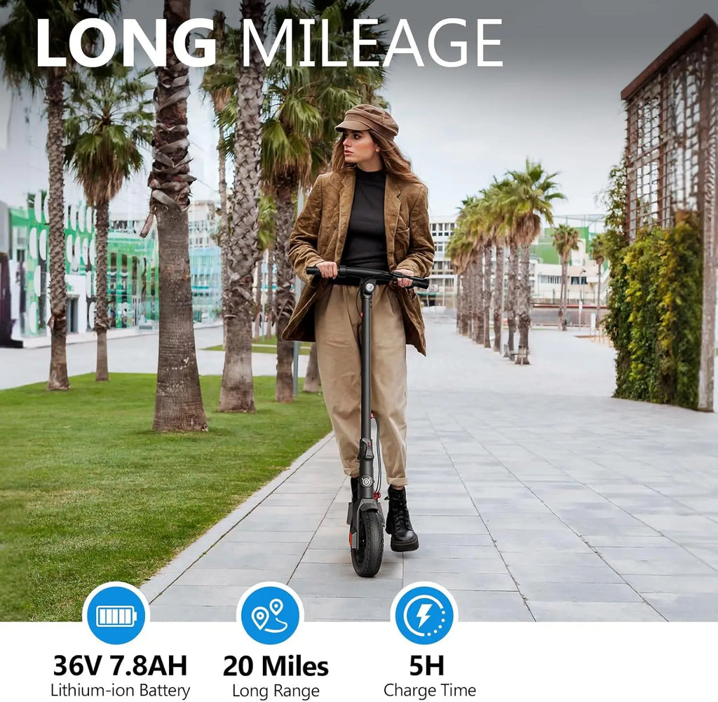 Electric Scooter: \, 8.5" tires, dual brakes, folding design.