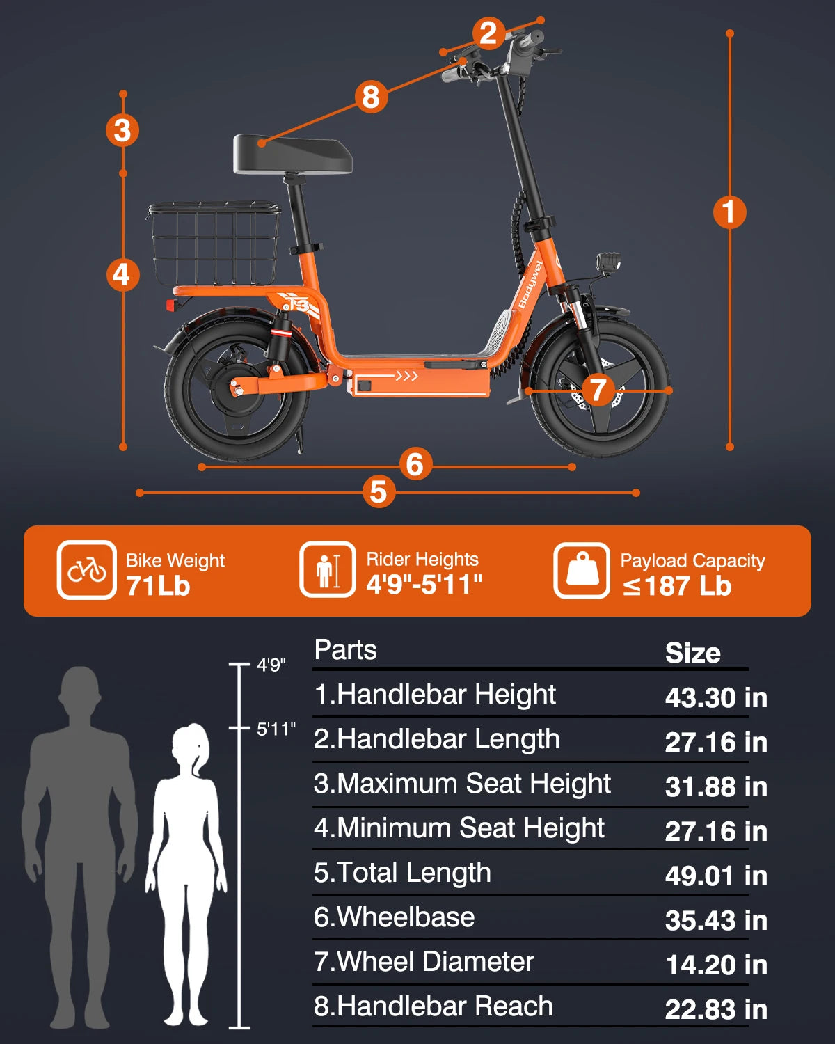 Bodywel T3 500W Electric Scooter with Seat, 14" Fat Tire E-Scooter, 48V 9AH Battery,32KM/H, Foldable ebike with Basket