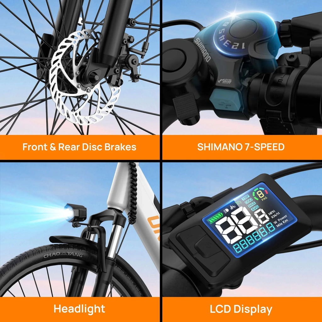E26 Electric Bike 26x2" Commuter Tires 48V 10.4Ah Removable Battery 20MPH Speed 7-Speeds LCD Display