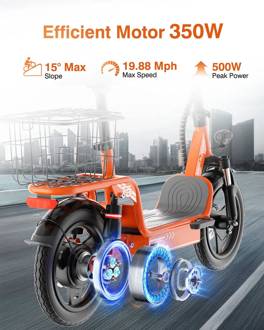 Bodywel T3 500W Electric Scooter with Seat, 14" Fat Tire E-Scooter, 48V 9AH Battery,32KM/H, Foldable ebike with Basket