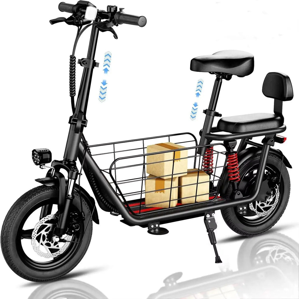 electric scooter,, dual brakes dual suspension, a seat basket
