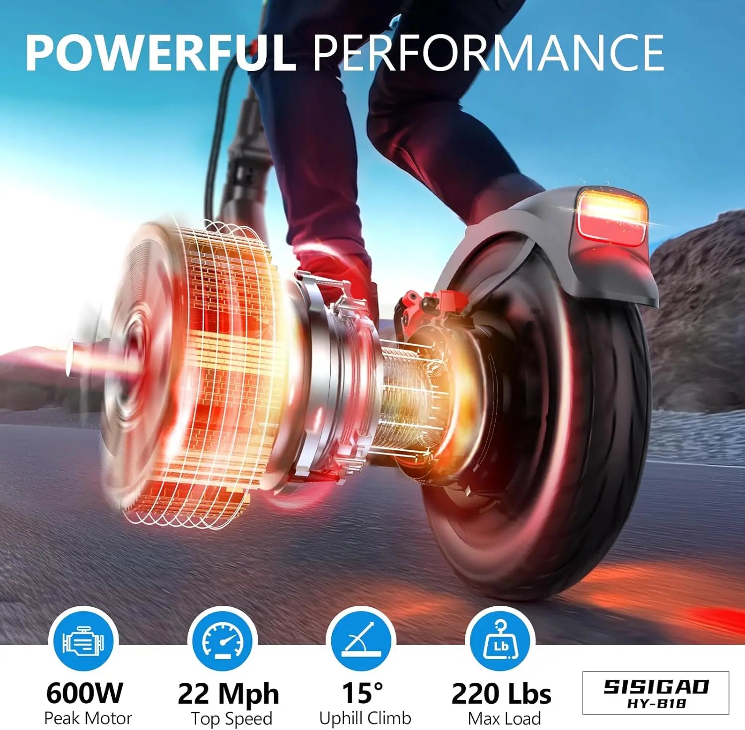 Electric Scooter: \, 8.5" tires, dual brakes, folding design.