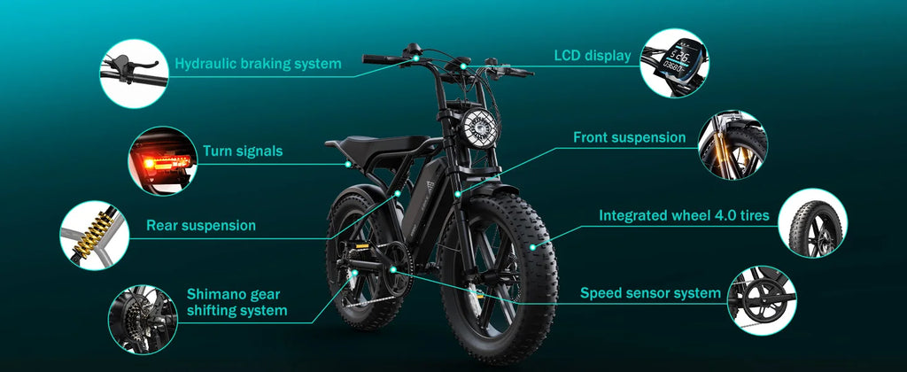 e-bike, 20" fat tires, 60-mile range, for all terrains.