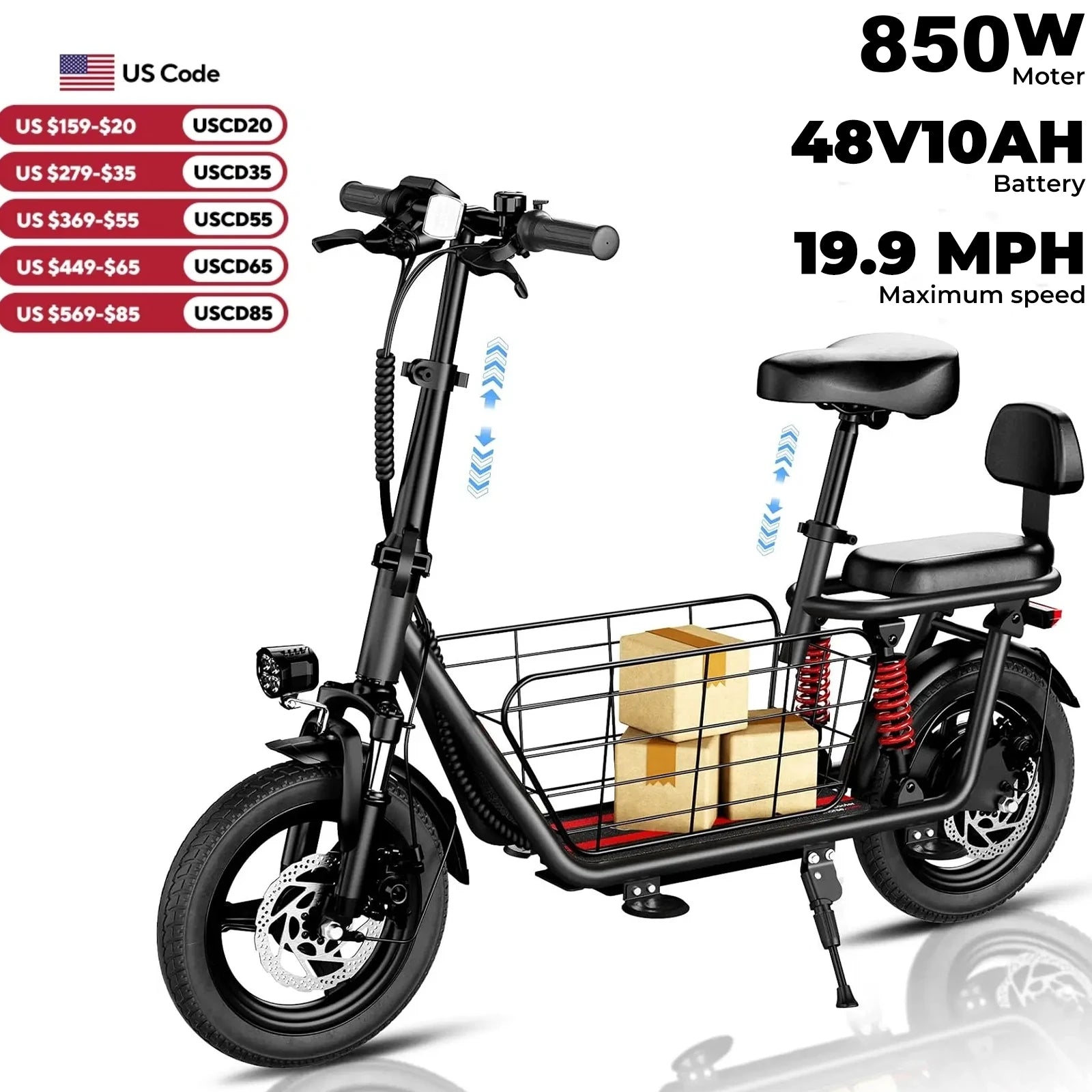 electric scooter,, dual brakes dual suspension, a seat basket