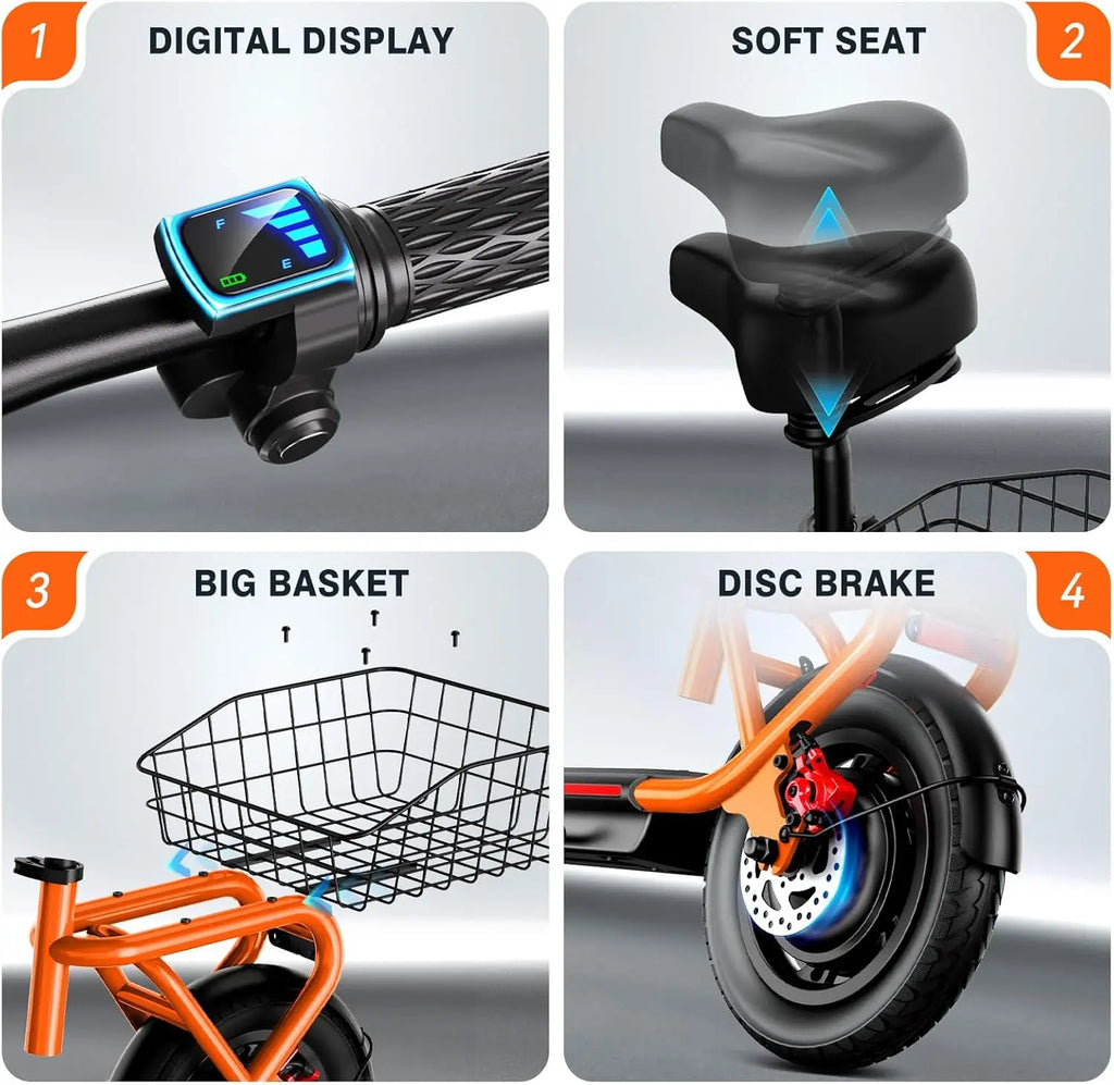 electric scooter,  seat, shock absorbers, folding  dual brakes.