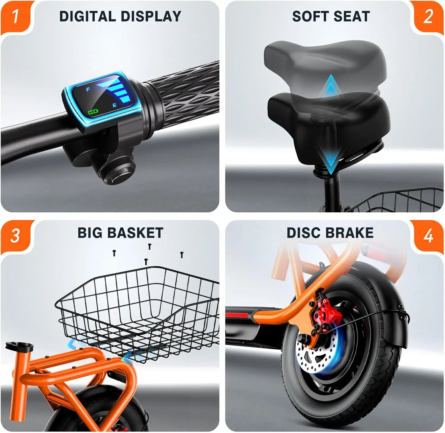 electric scooter,  seat, shock absorbers, folding  dual brakes.
