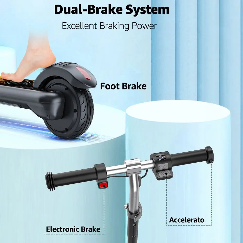 Powerful Motor, Dual Brake System, Adjustable Height and Speed.