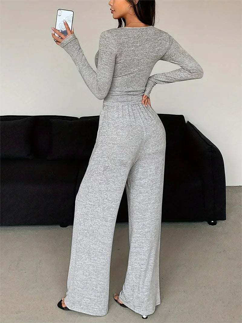 Women Two Piece Sets Sexy V-neck Long Sleeve Shirts