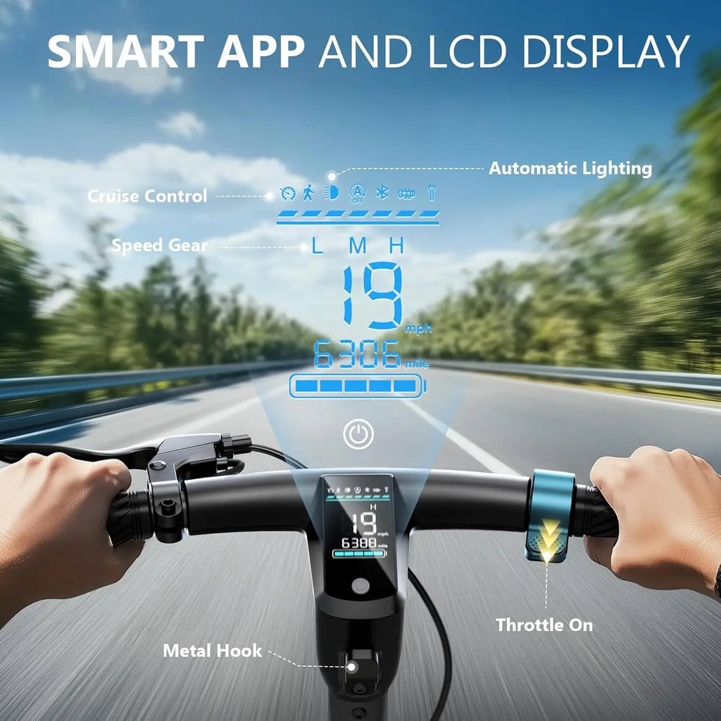 Electric Scooter: \, 8.5" tires, dual brakes, folding design.