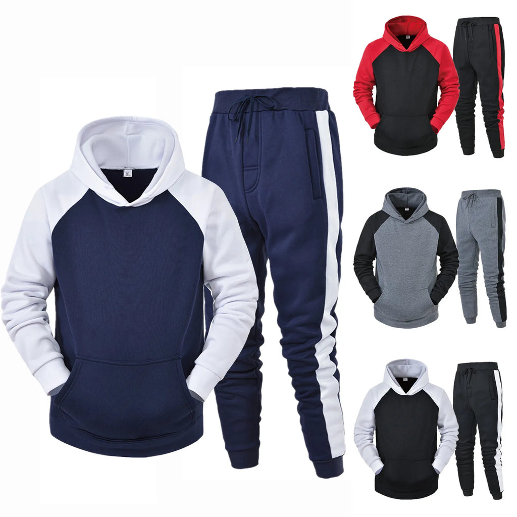 Men Long Sleeve Hoodies Set Streetwear Contrast Color