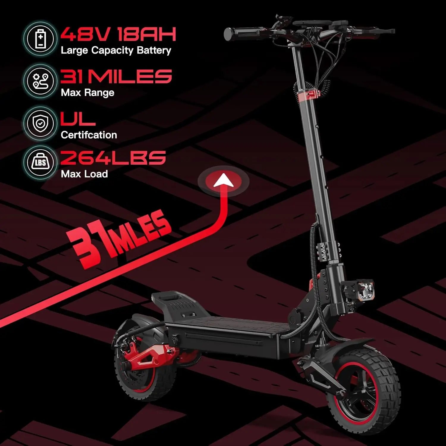 1600W Motor Adult J15 Electric Scooter Top Speed 32MPH, 48V18AH, 11-inch Off-Road Tires Sport Folding eScooter For Commuting