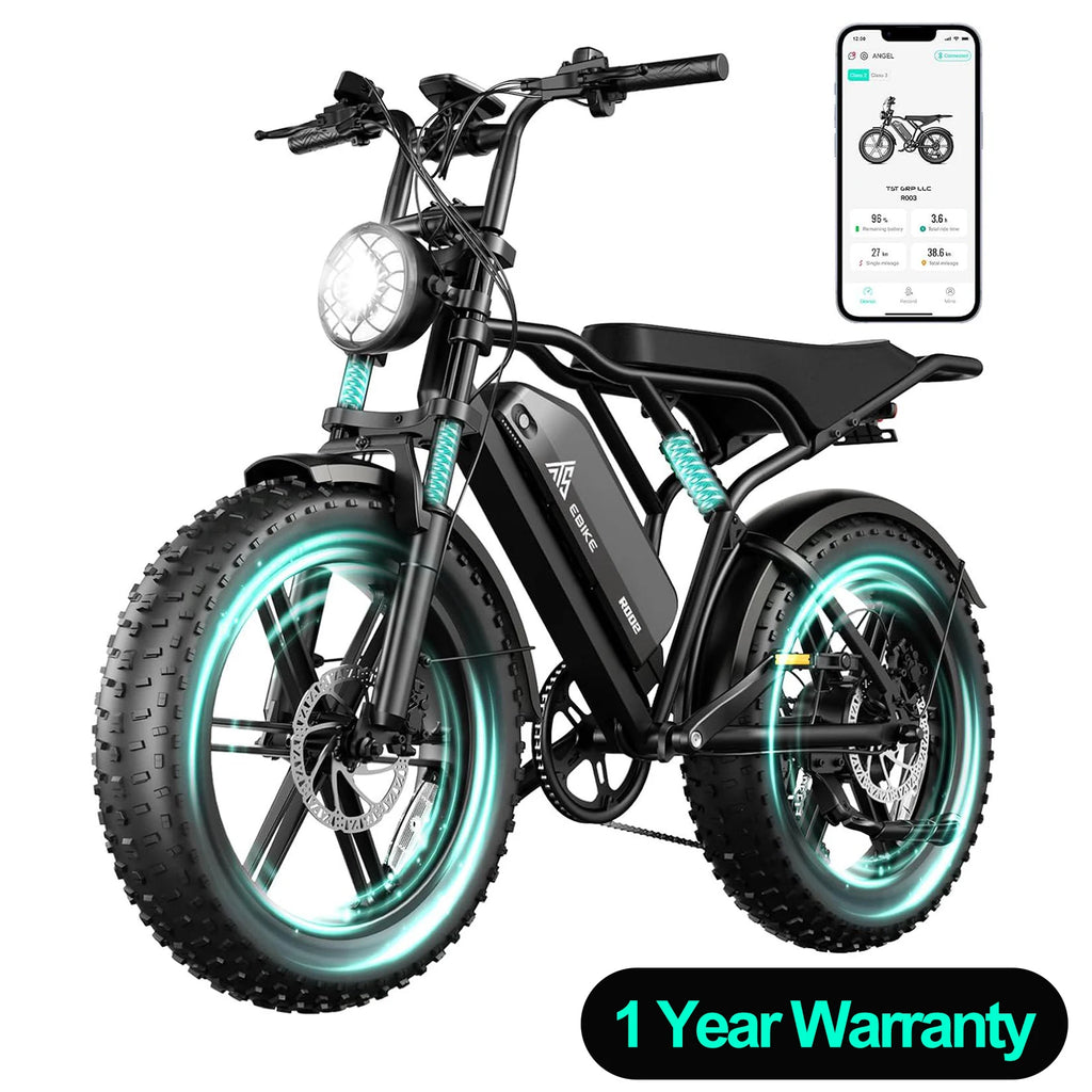e-bike, 20" fat tires, 60-mile range, for all terrains.