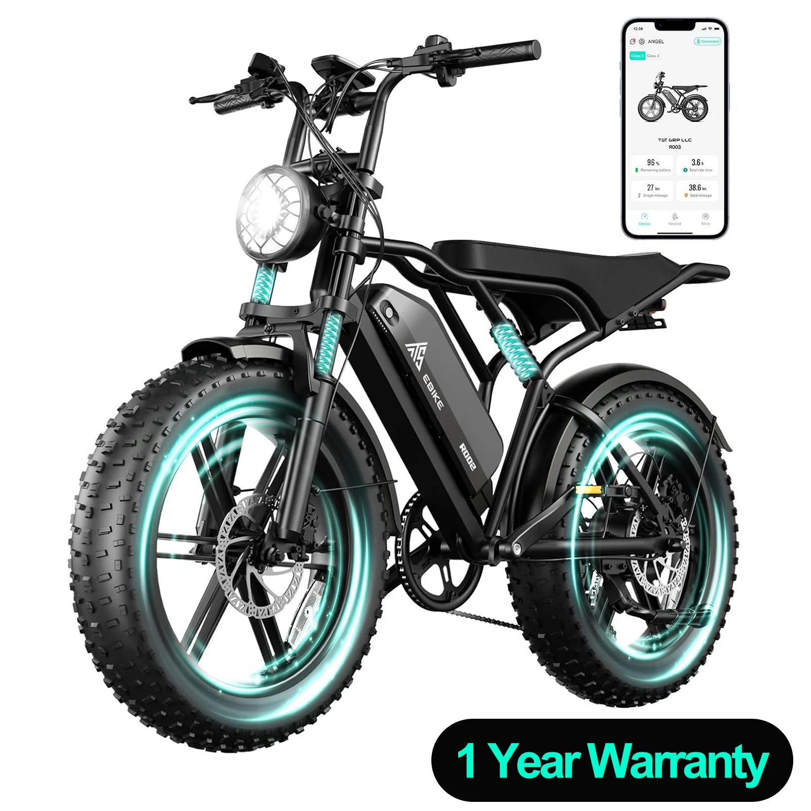e-bike, 20" fat tires, 60-mile range, for all terrains.