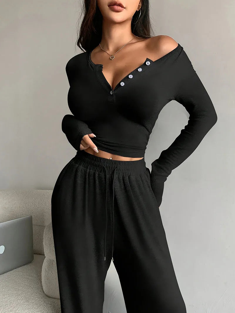 Women Two Piece Sets Sexy V-neck Long Sleeve Shirts
