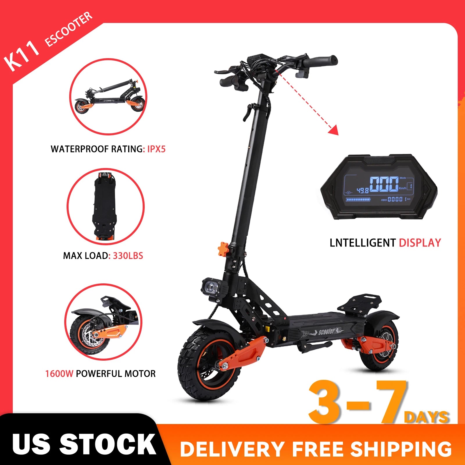 40MPH Top Speed，K11 Adult 1200W Electric Scooter,48V21AH Battery., 11-inch Off-Road Tires Sport Folding EScooter For Commuting