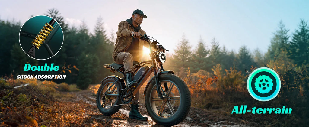 e-bike, 20" fat tires, 60-mile range, for all terrains.