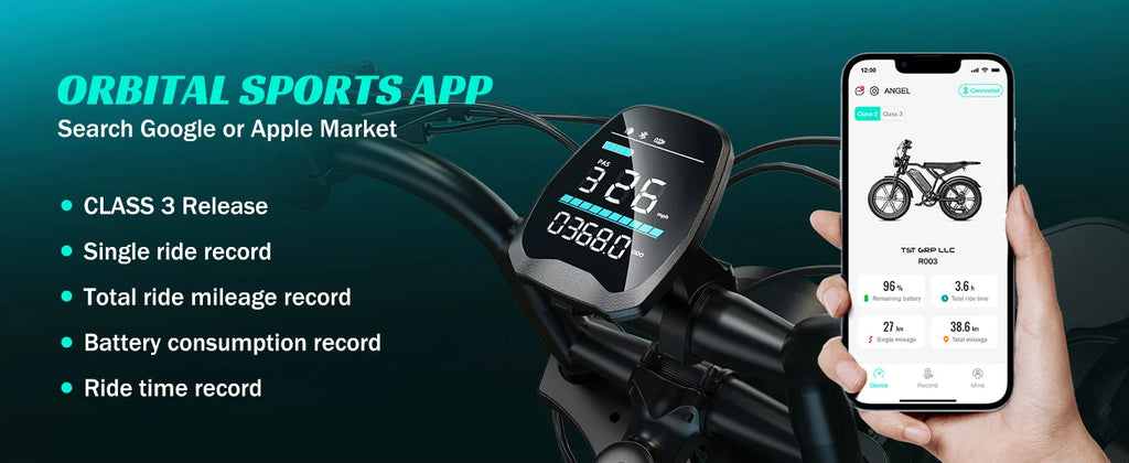 e-bike, 20" fat tires, 60-mile range, for all terrains.