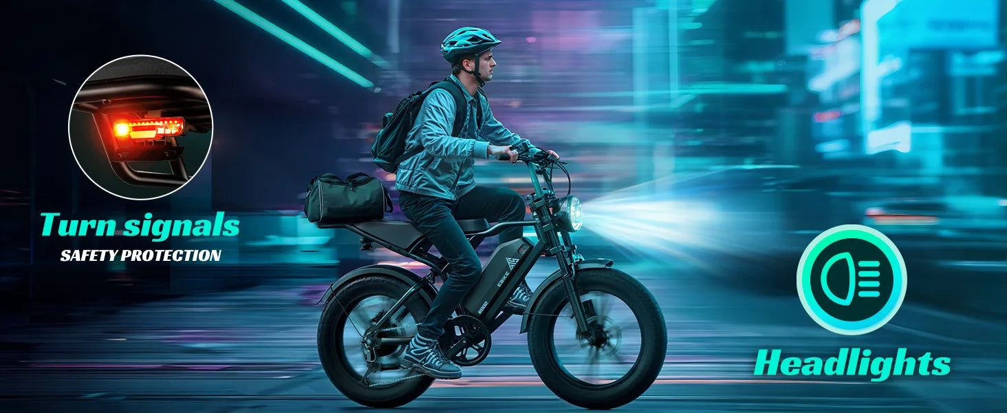 e-bike, 20" fat tires, 60-mile range, for all terrains.