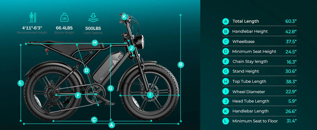 e-bike, 20" fat tires, 60-mile range, for all terrains.