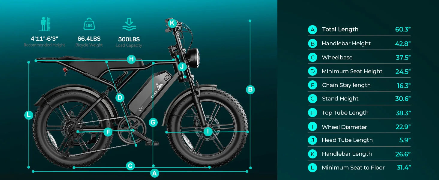 e-bike, 20" fat tires, 60-mile range, for all terrains.