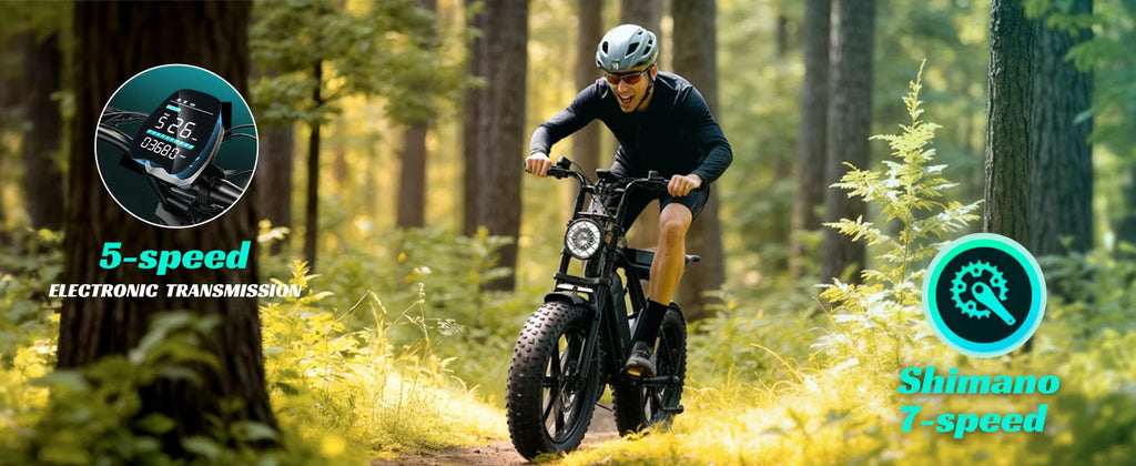 e-bike, 20" fat tires, 60-mile range, for all terrains.