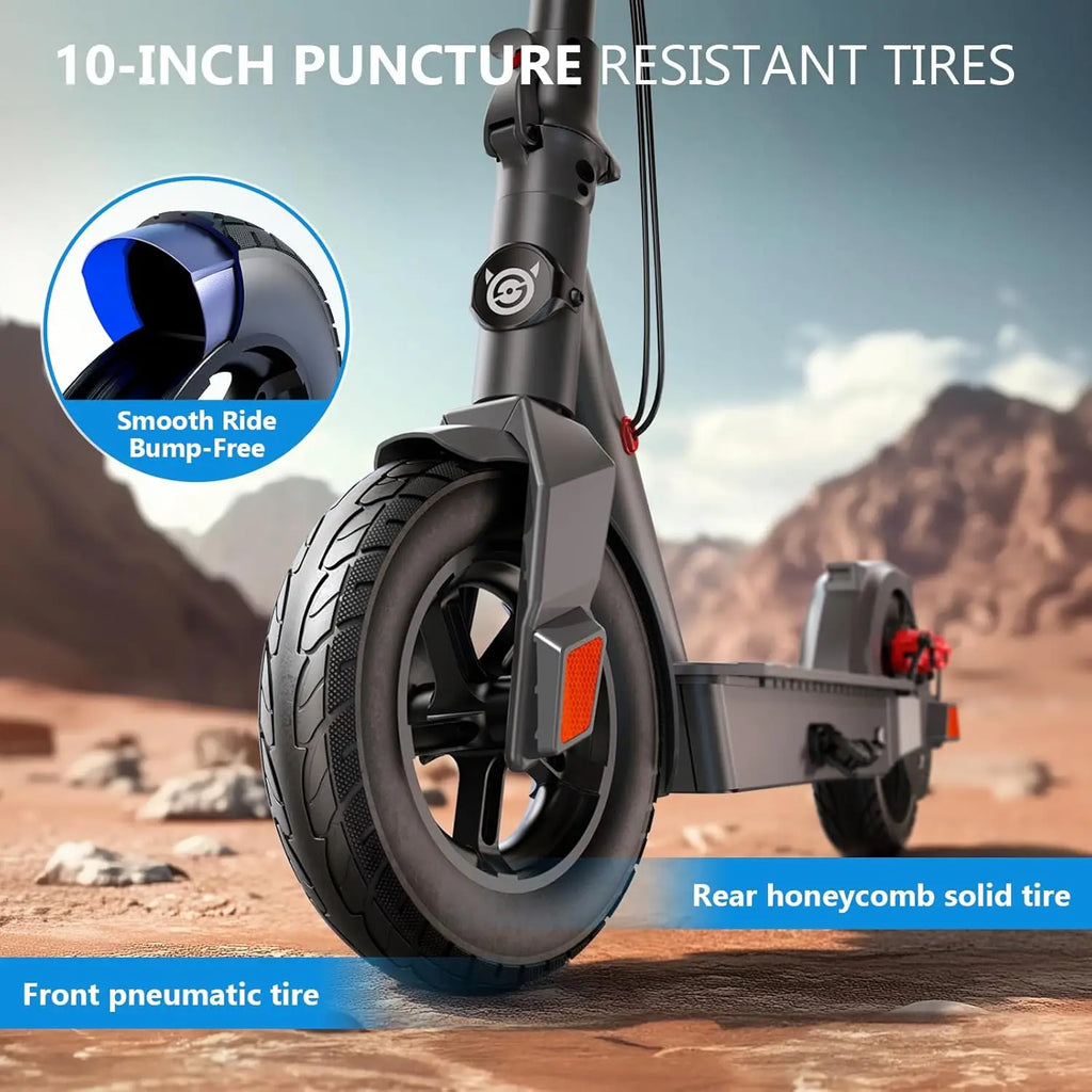 Electric Scooter: \, 8.5" tires, dual brakes, folding design.