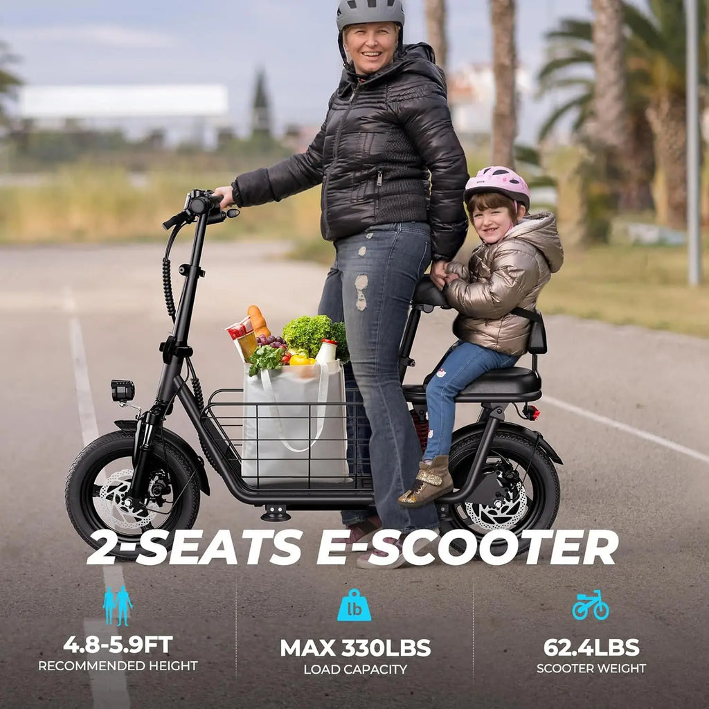 electric scooter,, dual brakes dual suspension, a seat basket