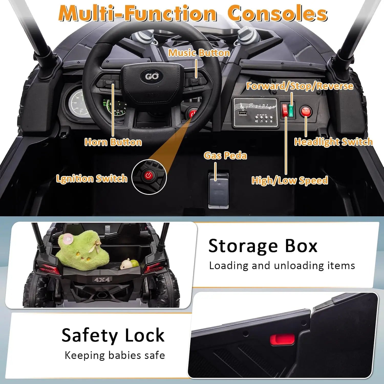 Remote Control, Safety Belt, Horn,Music, Lights,