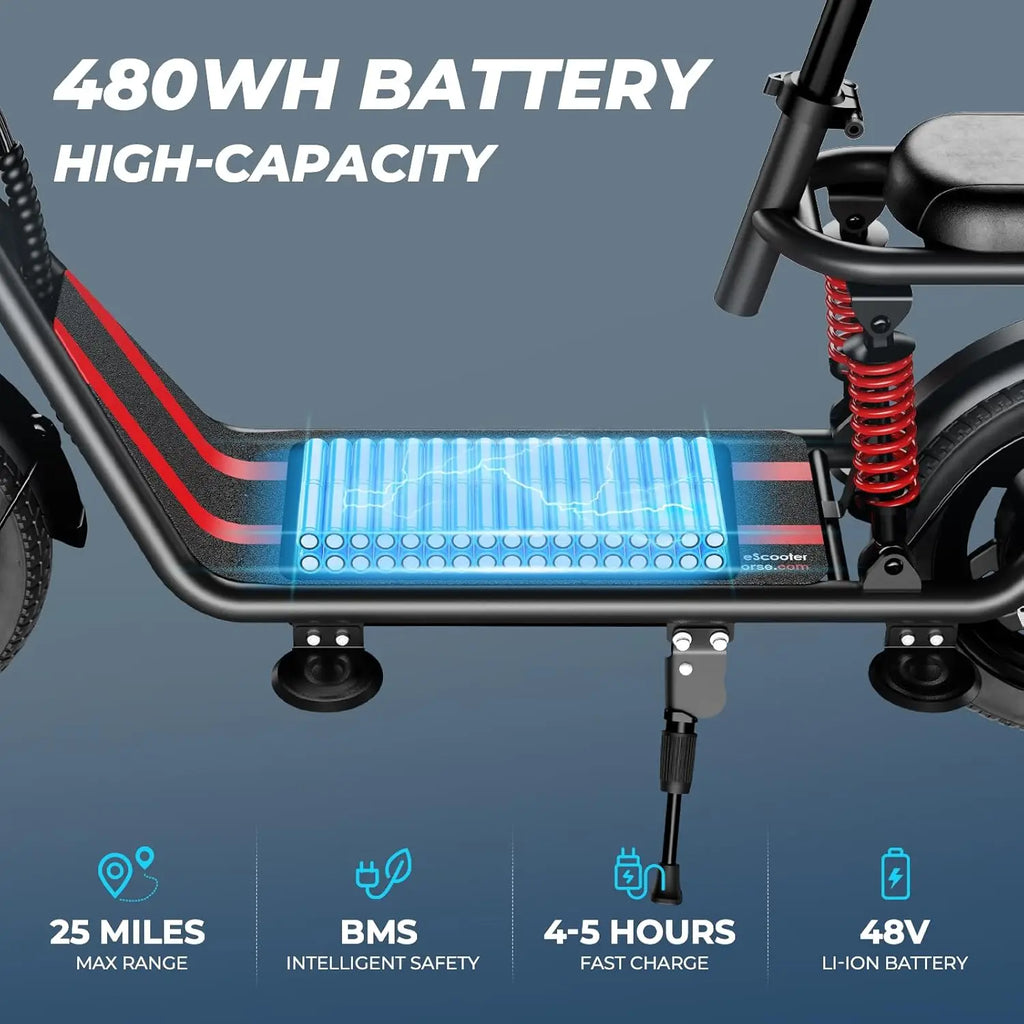 electric scooter,, dual brakes dual suspension, a seat basket