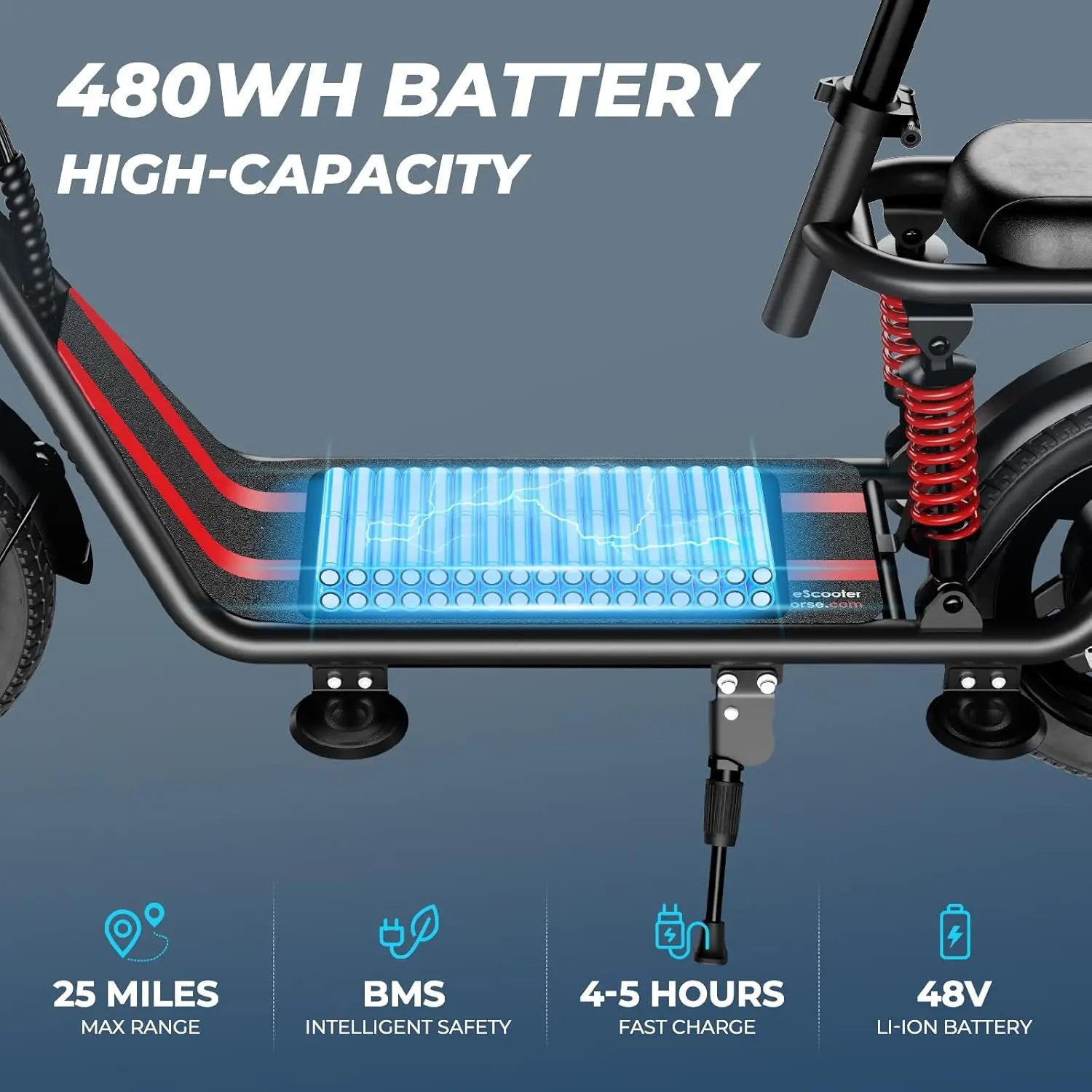 electric scooter,, dual brakes dual suspension, a seat basket