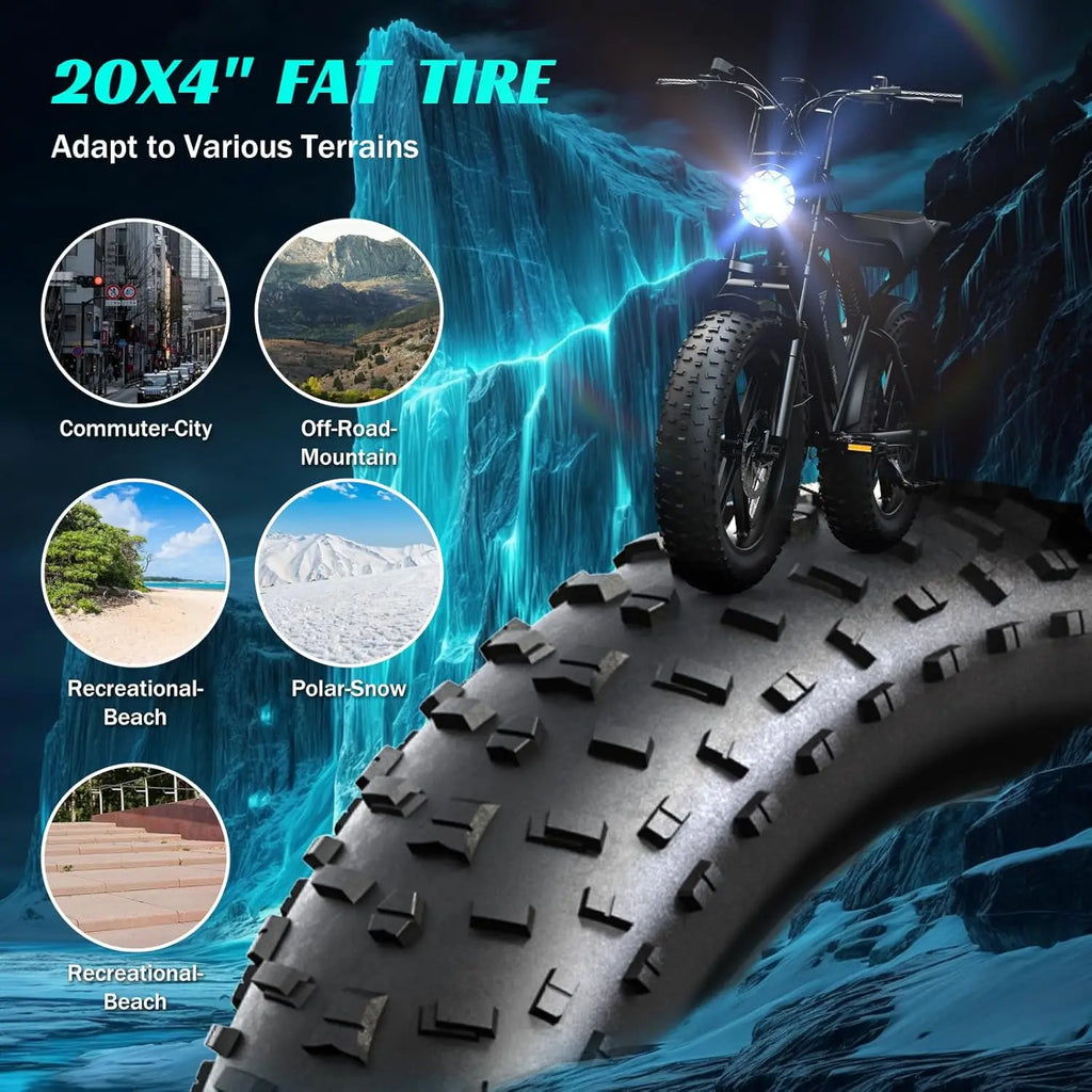 e-bike, 20" fat tires, 60-mile range, for all terrains.