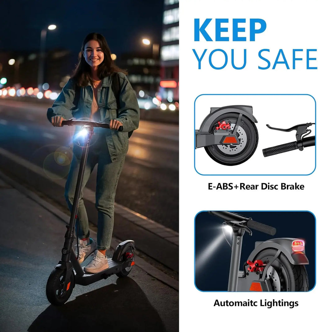 Electric Scooter: \, 8.5" tires, dual brakes, folding design.