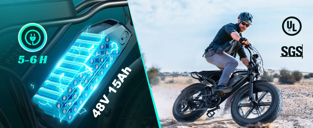 e-bike, 20" fat tires, 60-mile range, for all terrains.