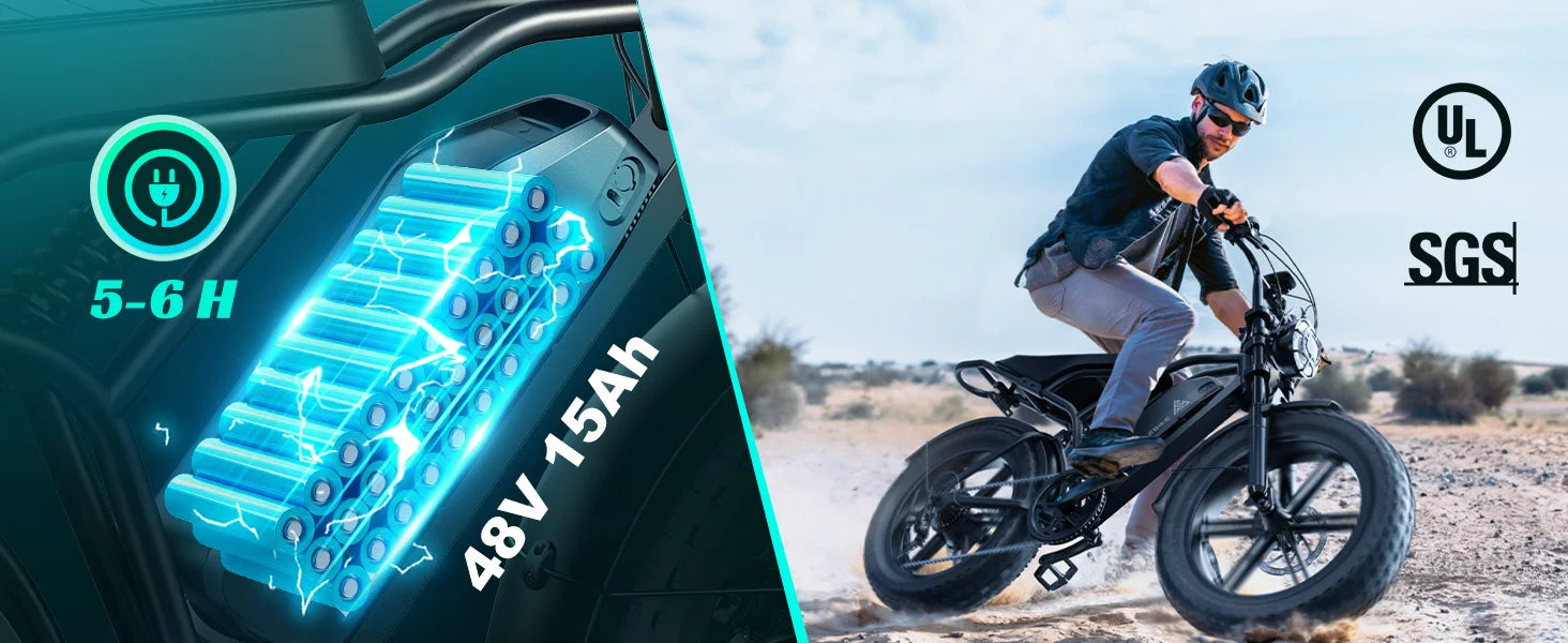 e-bike, 20" fat tires, 60-mile range, for all terrains.