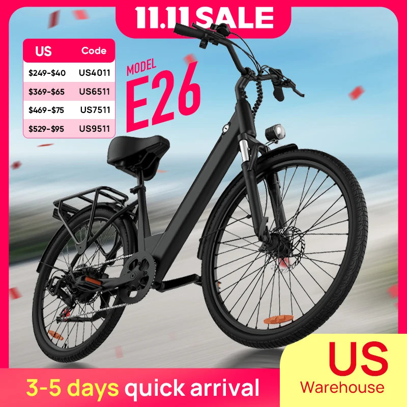 E26 Electric Bike 26x2" Commuter Tires 48V 10.4Ah Removable Battery 20MPH Speed 7-Speeds LCD Display