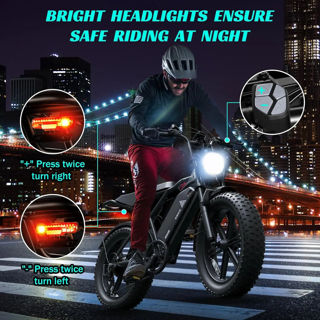 e-bike, 20" fat tires, 60-mile range, for all terrains.