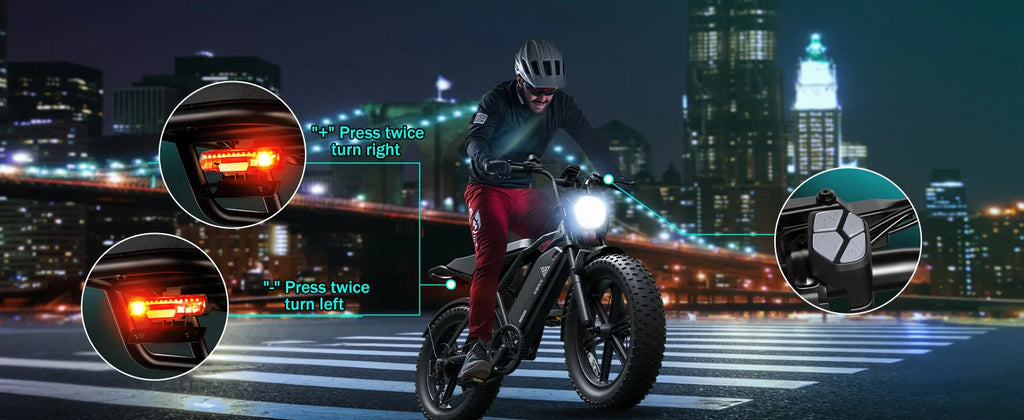 e-bike, 20" fat tires, 60-mile range, for all terrains.