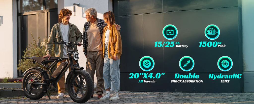 e-bike, 20" fat tires, 60-mile range, for all terrains.