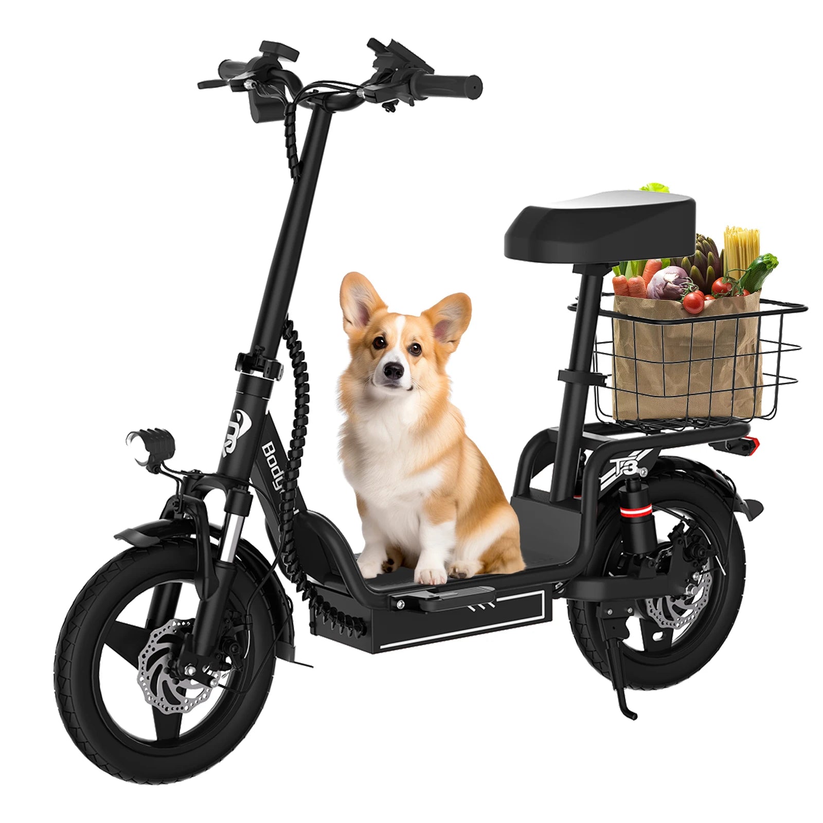 Bodywel T3 500W Electric Scooter with Seat, 14" Fat Tire E-Scooter, 48V 9AH Battery,32KM/H, Foldable ebike with Basket