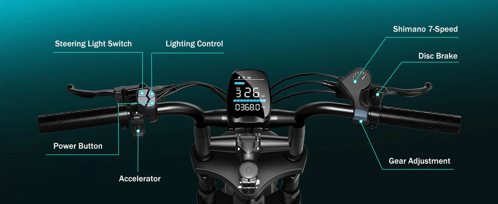 e-bike, 20" fat tires, 60-mile range, for all terrains.
