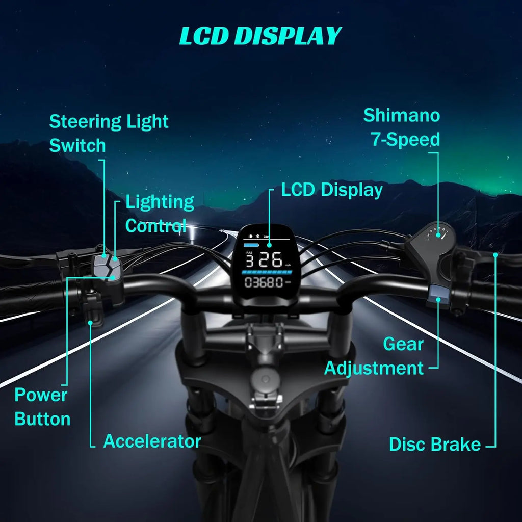 e-bike, 20" fat tires, 60-mile range, for all terrains.