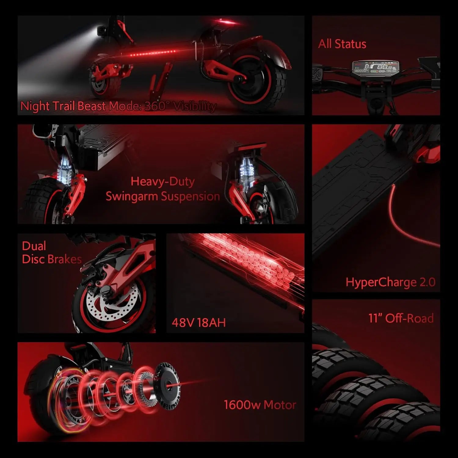 1600W Motor Adult J15 Electric Scooter Top Speed 32MPH, 48V18AH, 11-inch Off-Road Tires Sport Folding eScooter For Commuting