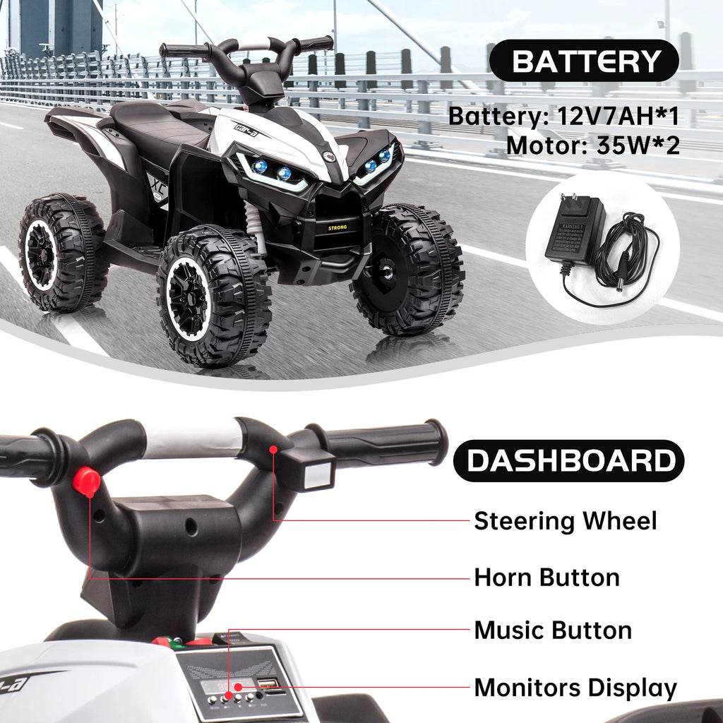 12V Kids  Battery, Powered Four WheelerMusic USB Port,