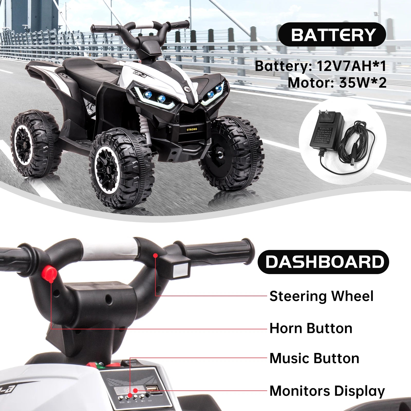 12V Kids  Battery, Powered Four WheelerMusic USB Port,